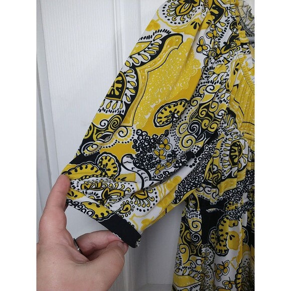 FANG Woman L Tunic Blouse Babydoll Yellow Black S/S Retro Hippie Casual - Picture 3 of 7